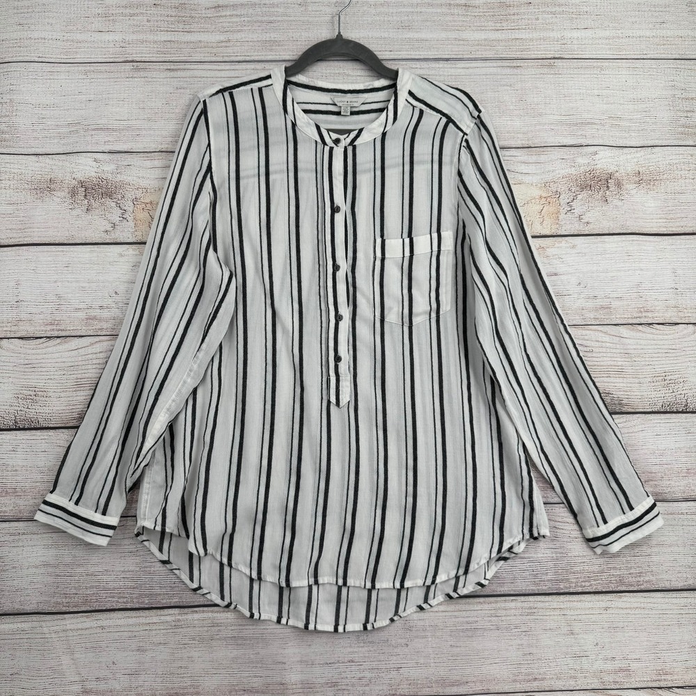 Lucky Brand Henley Top Women Large White Black Striped Long Sleeve Button Pocket